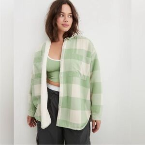 Aerie Oversized Sherpa Lined Shacket Jacket Green Check Plaid